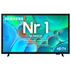 Telewizor z kolorowym ekranem wyświetla tekst: "SAMSUNG Nr 1 NA ŚWIECIE Najczęściej kupowane telewizory od 19 lat" oraz "HD TV". Tło ekranu jest wypełnione abstrakcyjnymi, kolorowymi bąbelkami.