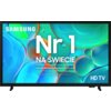 Telewizor z kolorowym ekranem wyświetla tekst: "SAMSUNG Nr 1 NA ŚWIECIE Najczęściej kupowane telewizory od 19 lat" oraz "HD TV".