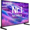 Telewizor z wyświetlaczem pokazującym kolorowy, abstrakcyjny wzór w odcieniach fioletu i niebieskiego, z widocznym tekstem: "SAMSUNG Nr 1 NA ŚWIECIE Najczęściej kupowane telewizory od 19 lat Neo QLED".