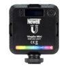 Czarny panel z napisem "Newell" oraz "VlogGo Mini RGB LED LIGHT" z widocznym kolorowym paskiem oznaczającym zakres barw od 0° do 360°. Na panelu znajdują się także symbole CE oraz przycisk zasilania.