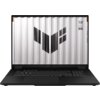 Laptop z otwartym ekranem, na którym widoczny jest wzór złożony z ciemnych, pionowych pasków na jasnym tle oraz tekst "TUF STAY TOUGH". Na obudowie poniżej ekranu znajduje się logo producenta.