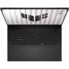 Czarny laptop z widoczną klawiaturą i touchpadem, na ekranie wyświetla się logo z trzema czarnymi prostokątami na białym tle oraz napis "TUF". Na obudowie ekranu znajduje się napis "TUF Gaming".