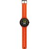 Pomarańczowy smartwatch z silikonowym paskiem, na wyświetlaczu widoczna jest godzina 19:36, data Apr 27 oraz liczba kroków 8568. Tarcza zegarka jest okrągła, a pasek posiada perforacje.