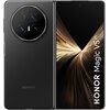 Przedstawiony jest czarny smartfon z dużym ekranem, na którym widoczny jest dynamiczny, złoty wzór oraz napis "HONOR Magic V5 5G". Na tylnej obudowie znajduje się okrągły moduł z trzema obiektywami aparatu i logo "HONOR".
