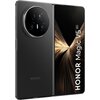 Czarny smartfon z dużym ekranem, na którym widoczny jest napis "HONOR Magic V5 5G". Na tylnej obudowie znajduje się okrągły moduł z trzema obiektywami aparatu oraz logo "HONOR".