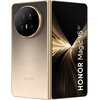 Złoty smartfon z dużym ekranem, na którym widoczny jest napis "HONOR Magic V5 5G". Obok ekranu znajduje się okrągły moduł z trzema obiektywami aparatu, a na obudowie widnieje logo "HONOR".