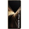 Smartfon z dużym wyświetlaczem, na którym widoczna jest dynamiczna grafika przypominająca złote smugi światła na czarnym tle. Na ekranie znajduje się biały napis: "HONOR Magic V5 5G".