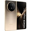 Złoty smartfon z dużym ekranem, na którym widoczny jest napis "HONOR Magic V5 5G". Na tylnej obudowie znajduje się okrągły moduł aparatu oraz logo "HONOR".