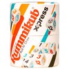 Opakowanie gry towarzyskiej z napisem "Rummikub Xpress" oraz "The original Roll N' Draw" przedstawia kolorowe kostki z liczbami i symbolami. Tło opakowania jest ozdobione kolorowymi paskami w odcieniach pomarańczowego, niebieskiego i żółtego.
