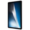Czarny tablet z dużym ekranem, na którym widoczna jest abstrakcyjna grafika z białymi i niebieskimi elementami. Na krawędzi urządzenia znajdują się przyciski.