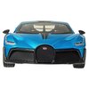 Zdalnie sterowany samochód w kolorze niebieskim z widocznym logo Bugatti na przodzie. Model ma charakterystyczny sportowy design z wyraźnie zaznaczonymi reflektorami i dużym grillem.