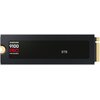 Czarny dysk SSD z widocznym napisem "SAMSUNG 9100 PRO with Heatsink 8TB" na etykiecie. Dysk ma złote złącze na jednym z końców.