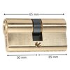 Złota wkładka do zamka z widocznymi wymiarami: 65 mm długości całkowitej, podzielona na 30 mm i 35 mm. Na produkcie znajduje się logo "DEDRA".