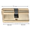 Złota wkładka do zamka z widocznymi wymiarami: 75 mm całkowitej długości, podzielona na 30 mm i 45 mm. Na produkcie znajduje się logo "DEDRA".