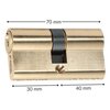 Złota wkładka do zamka z widocznymi wymiarami: 70 mm całkowitej długości, podzielona na 30 mm i 40 mm. Na produkcie znajduje się napis "DEDRA".