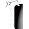 Przezroczyste etui z okrągłym wycięciem na MagSafe, czarne szkło prywatyzujące oraz trzy okrągłe osłony obiektywu. Produkt przeznaczony do Apple iPhone 17 Pro Max.