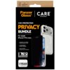 Opakowanie produktu PanzerGlass CARE zawiera zestaw ochronny 3-w-1 dla Apple iPhone 17 Pro Max, w tym przezroczyste etui, szkło prywatyzujące oraz osłonę obiektywu. Na opakowaniu widnieją napisy: "3-IN-1 PROTECTION PRIVACY BUNDLE", "MagSafe Compatible", "