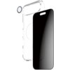 Przezroczyste etui z okrągłym wycięciem na aparat, czarne szkło prywatyzujące oraz osłona obiektywu. Produkt przeznaczony do Apple iPhone, kompatybilny z MagSafe.