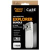 Opakowanie produktu z napisem "PanzerGlass CARE by PanzerGlass 3-IN-1 PROTECTION EXPLORER BUNDLE For Apple iPhone 17 Pro Max" zawiera przezroczyste etui, szkło hartowane oraz osłonę obiektywu. Dodatkowe informacje to "MagSafe Compatible Urban Explorer Cas