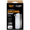 Czarne opakowanie z napisem "PanzerGlass CARE by PanzerGlass" oraz "3-IN-1 PROTECTION EXPLORER BUNDLE For Apple iPhone 17 Air". Widoczne są również informacje o kompatybilności z MagSafe, przezroczystym etui, osłonie ekranu i obiektywu, a także gwarancja 