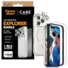 Opakowanie produktu "PanzerGlass Care Explorer Bundle" zawiera przezroczyste etui, szkło hartowane oraz osłonę obiektywu dla Apple iPhone 17 Pro. Na opakowaniu widnieje napis "1 Year Guarantee" oraz logo "PanzerGlass".