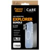 Opakowanie produktu z napisem "PanzerGlass CARE by PanzerGlass 3-IN-1 PROTECTION EXPLORER BUNDLE For Apple iPhone 17", zawierające przezroczyste etui, szkło hartowane i osłonę obiektywu. Dodatkowe informacje to "MagSafe Compatible Urban Explorer Case", "C
