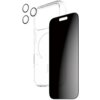 Przezroczyste etui z okrągłym wycięciem na MagSafe, czarne szkło prywatyzujące oraz trzy okrągłe osłony na obiektyw aparatu. Produkt przeznaczony do Apple iPhone 17 Pro.