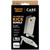 Opakowanie produktu z napisem "PanzerGlass CARE by PanzerGlass 3-IN-1 PROTECTION KICK BUNDLE For Apple iPhone 17 Air" zawiera przezroczyste etui, szkło hartowane i osłonę obiektywu. Dodatkowe informacje to "MagSafe Compatible Kicksand Case", "Clear Ultra-