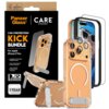 Na zdjęciu znajduje się przezroczyste etui z funkcją kickstand, szkło hartowane oraz osłona obiektywu do Apple iPhone 17 Pro, a obok widoczna jest czarno-pomarańczowa opakowanie z napisem "PanzerGlass CARE 3-IN-1 PROTECTION KICK BUNDLE". Na opakowaniu zna