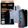 Opakowanie produktu PanzerGlass CARE zawiera etui, szkło prywatyzujące i osłonę obiektywu dla Apple iPhone 17, z tekstem: "3-IN-1 PROTECTION PRIVACY BUNDLE". Widoczne są również elementy zestawu, takie jak przezroczyste etui z białym okręgiem, szkło prywa