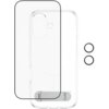 Przezroczyste etui na telefon z widocznym napisem "CARE" oraz dwoma okrągłymi osłonami obiektywu i szkłem hartowanym. Produkt jest przeznaczony do Apple iPhone 17.