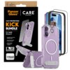 Na zdjęciu znajduje się opakowanie produktu z napisem "PanzerGlass | CARE by PanzerGlass™ 3-IN-1 PROTECTION KICK BUNDLE For Apple iPhone 17", obok którego widoczne są przezroczyste etui, szkło hartowane oraz osłona obiektywu. Na opakowaniu znajdują się do