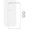Przezroczyste etui na telefon z wycięciem na aparat, obok którego znajdują się dwa okrągłe elementy. Na etui widoczny jest napis "CARE".