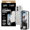 Opakowanie produktu z napisem "SAFE. | CARE by PanzerGlass" oraz "3-IN-1 PROTECTION COMBO BUNDLE For Apple iPhone 17", obok przezroczyste etui, szkło hartowane i szkło na obiektyw. Na opakowaniu znajdują się również ikony i napisy: "X-Ray Case", "Clear Ul