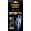 Czarne opakowanie produktu z logo "PanzerGlass" w kolorze pomarańczowym, zawiera tekst "Ultra-Wide Fit Screen Protection for: Apple iPhone 17 Pro" oraz "2-Way Privacy Screen Protector FastFit In-A-Box". Na opakowaniu znajdują się ilustracje przedstawiając