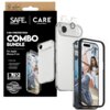 Na zdjęciu znajduje się opakowanie produktu z napisem "SAFE. CARE by PanzerGlass 3-IN-1 PROTECTION COMBO BUNDLE For Apple iPhone 17 Air", obok którego widoczne są przezroczyste etui, szkło hartowane oraz szkło na obiektyw. Na opakowaniu znajdują się także