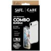 Opakowanie produktu zawiera napis "SAFE. CARE by PanzerGlass" oraz "3-IN-1 PROTECTION COMBO BUNDLE For Apple iPhone 17 Air". W zestawie znajduje się przezroczyste etui, szkło hartowane na ekran oraz szkło na obiektyw, a także ikony wskazujące na łatwy mon