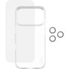Przezroczyste etui z napisem "CARE" oraz szkło hartowane i trzy okrągłe elementy ochronne na obiektyw. Produkt przeznaczony jest do telefonu Apple iPhone 17 Pro.
