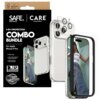 Opakowanie produktu z napisem "SAFE. PanzerGlass | CARE by PanzerGlass" oraz "3-IN-1 PROTECTION COMBO BUNDLE For Apple iPhone 17 Pro" zawiera przezroczyste etui, szkło hartowane i szkło na obiektyw. Na zdjęciu widoczny jest telefon z założonym etui, a na 