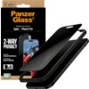 Opakowanie produktu "PanzerGlass" z napisem "Ultra-Wide Fit Screen Protection for: Apple iPhone 17 Air" oraz "2-Way Privacy", przedstawia szkło ochronne na telefon. Na opakowaniu widoczne są również informacje o odporności na zarysowania i ochronie przed 