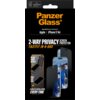 Czarne opakowanie produktu z napisem "PanzerGlass" oraz "2-Way Privacy Screen Protector FastFit In-A-Box" zawiera ilustracje przedstawiające sposób montażu szkła ochronnego na telefonie. Widoczne są również instrukcje: "Place your device", "Pull the tab",