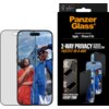 Opakowanie produktu PanzerGlass zawiera napis "Ultra-Wide Fit Screen Protection for: Apple iPhone 17 Air" oraz "2-Way Privacy Screen Protector FastFit In-A-Box". Obok opakowania znajduje się telefon z nałożonym szkłem prywatyzującym, na ekranie widoczne s