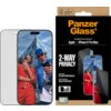 Na zdjęciu znajduje się opakowanie produktu "PanzerGlass" z napisem "Ultra-Wide Fit Screen Protection for: Apple iPhone 17 Pro Max" oraz "2-Way Privacy". Obok opakowania widoczny jest telefon z nałożonym szkłem ochronnym, na ekranie którego widać dwie oso