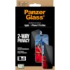 Czarne opakowanie produktu z napisem "PanzerGlass" oraz informacjami o kompatybilności z "Apple iPhone 17 Pro Max". Widoczne są hasła: "2-WAY PRIVACY", "Impact and Scratch Resistance", "Ground-breaking Drop Protection", oraz "Easy Aligner Included", a tak