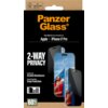 Opakowanie produktu "PanzerGlass Ultra-Wide Fit Screen Protection for Apple iPhone 17 Pro" z napisem "2-WAY PRIVACY" oraz informacjami o odporności na zarysowania i ochronie przed upadkiem. Na dole opakowania znajduje się informacja o 60% zawartości szkła