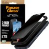 Opakowanie produktu z napisem "PanzerGlass" oraz "Ultra-Wide Fit Screen Protection for: Apple iPhone 17 Pro" zawiera grafikę przedstawiającą szkło ochronne na telefon. Na opakowaniu widnieją również napisy: "2-Way Privacy", "Impact and Scratch Resistance"