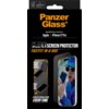 Czarny kartonowy pakiet z napisem "PanzerGlass" oraz "Ultra-Wide Fit Screen Protection for: Apple iPhone 17 Pro" zawiera zdjęcie telefonu z nałożonym szkłem ochronnym i osobą trzymającą telefon. Dodatkowe napisy to "CLEAR SCREEN PROTECTOR", "FASTFIT IN-A-
