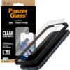 Opakowanie produktu PanzerGlass z napisem "Screen Protection for: Apple iPhone 17 Pro Max" oraz "CLEAR ULTRA-WIDE FIT" i "Impact and Scratch Resistance, Ground-breaking Drop Protection". Na zdjęciu widoczne jest szkło hartowane oraz telefon, a także infor