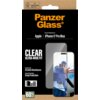 Opakowanie produktu "PanzerGlass" z napisem "Screen Protection for: Apple iPhone 17 Pro Max" oraz "CLEAR ULTRA-WIDE FIT". Widoczne są również informacje o odporności na zarysowania i ochronie przed upadkiem, a także ikona wskazująca na dołączony "Easy Ali
