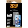 Opakowanie produktu "Szkło hartowane PANZERGLASS Ultra-Wide Fit EasyAligner do Apple iPhone 17/16 Pro" z widocznym zdjęciem telefonu z nałożonym szkłem ochronnym. Na opakowaniu znajdują się napisy: "PanzerGlass", "CLEAR ULTRA-WIDE FIT", "Impact and Scratc
